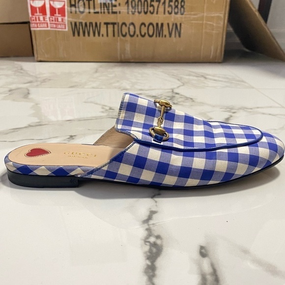Gucci Horsebit Princetown White Blue Plaid Gingham Loafer Mules - Picture 7 of 9